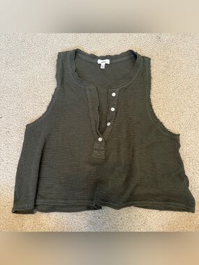 aerie Olive Waffle Henley Distressed Cropped Tank Top